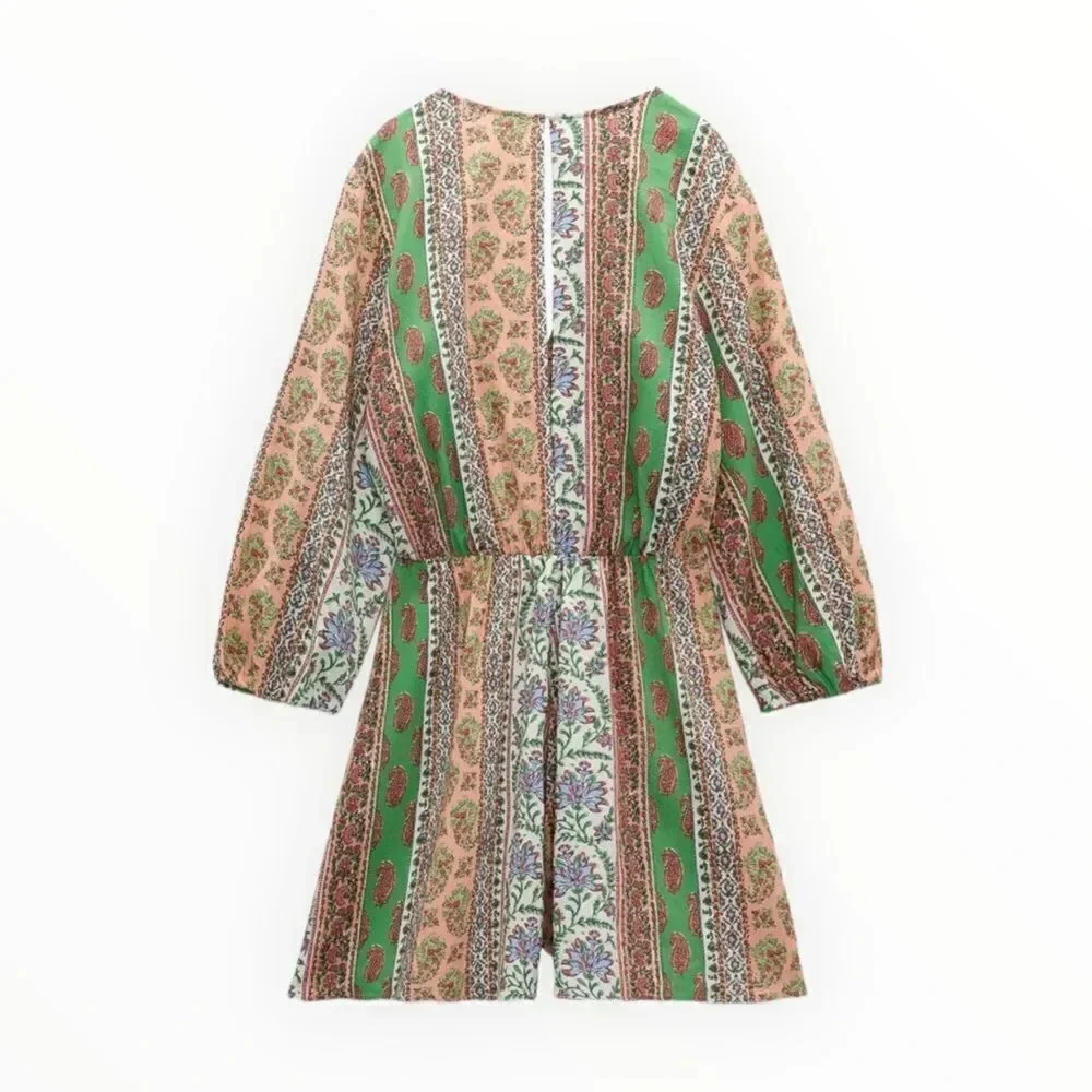 Zara Multicolor Printed Linen Blend Romper Size L Boho V-Neck Tie Front NWT